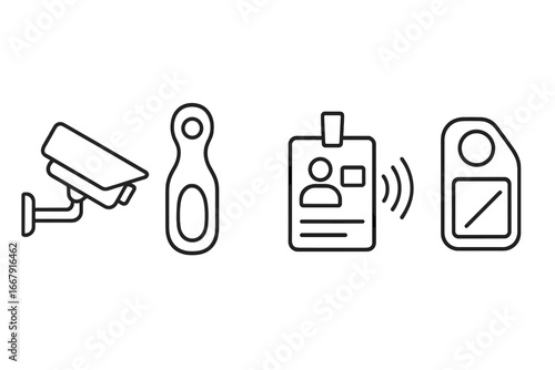 Security icon set. Outline icons for loss prevention and safety. Vector concepts of surveillance camera, CCTV, security tag remover, badge scanner, and access control key card.