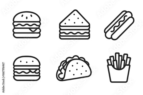 Fast food line icon set. Burger, sandwich, hot dog, taco, french fries outline icons. Simple vector illustration for restaurant menu, takeaway & delivery. Junk food concept.