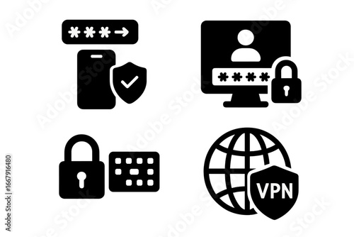 Security solid icon set. Vector glyphs for two-factor authentication, secure login, password protection, VPN access, and data encryption. Cybersecurity concept illustration.