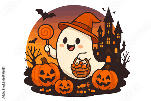 Friendly ghost celebrating Halloween with pumpkins and candy. Cute vector cartoon character with witch hat near haunted castle at dusk. Spooky funny trick or treat illustration.