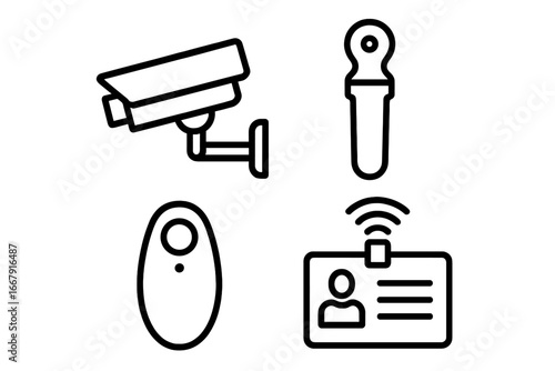 Security and loss prevention outline icon set. Vector icons of surveillance camera, CCTV, anti-theft tag, detacher, RFID access card, and employee badge scanner.