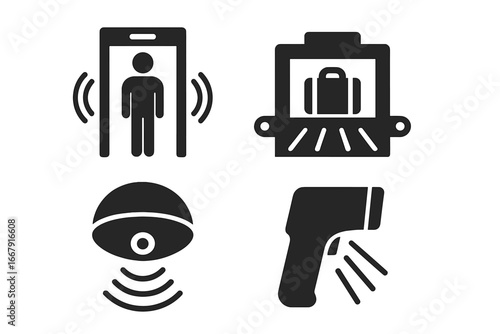 Security check icon set. Airport safety symbols. Metal detector, baggage X-ray scan, infrared thermometer, alarm sensor. Vector glyphs for travel and public safety concepts.