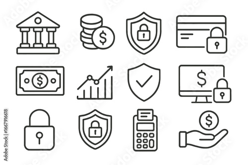 Finance and security outline icon set. Banking, investment, and secure payment symbols. Vector collection for money transaction, online banking, and financial protection concept.