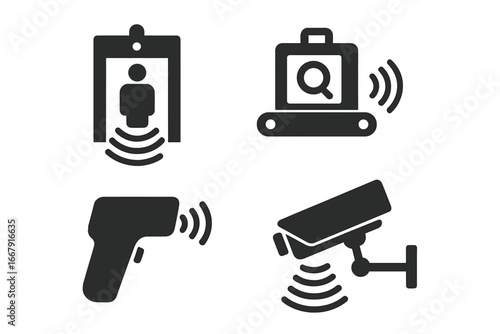 Security icon set. Vector collection of safety and surveillance symbols. Includes metal detector, airport baggage X-ray scanner, infrared thermometer, and CCTV camera.