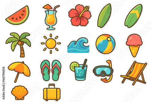 Summer vacation beach icon set. Tropical travel and seaside fun elements. Vector cartoon illustration of holiday activities like surfing, sunbathing and relaxation symbols.
