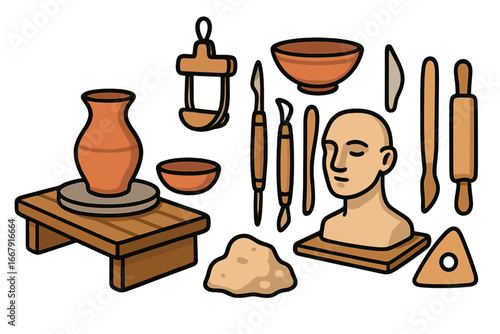 Artisan pottery and sculpture craft collection. Vector set of clay modeling tools, potter's wheel with vase, human head bust for sculpting. Handmade ceramics workshop concept.