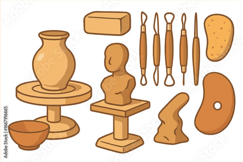 Pottery and sculpture tools set. Clay crafting equipment for artisan workshop. Ceramic art hobby concept. Handmade vase, bust, potter's wheel and modeling tools vector.
