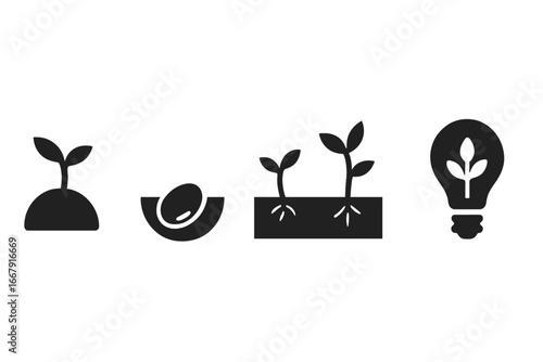 Seed germination and plant growth stages icon set. Sprout in soil with roots, seedling development pictogram. Agriculture, gardening and eco innovation idea concept vector glyphs.