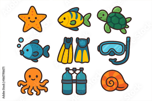 Underwater icon set with cute marine life and diving equipment. Vector cartoon collection of sea animals. Fish, turtle, octopus, starfish. Snorkeling mask, flippers, scuba tank.