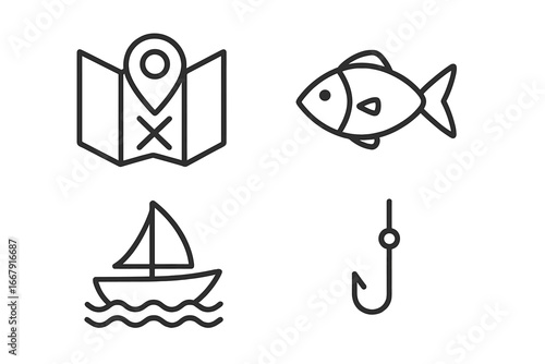 Fishing and navigation line icon set. Sea travel, hobby and sport symbols. Vector collection of map with pin, fish, boat, and hook. Minimal outline style pictograms.