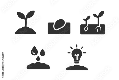 Vector icon set of seed germination and plant growth. Sprout in soil, watering, light bulb for energy or idea. Agriculture, ecology, gardening and new beginnings concept.