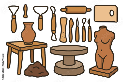 Pottery tools and sculpture equipment set. Vector cartoon illustration of artisan workshop items. Clay craft, ceramics hobby, handmade art concept. Potter's wheel, vase, tools.