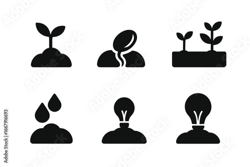 Seed germination vector icon set. Plant growth stages, sprouting seed in soil, watering, and lightbulb for energy or idea concept. Solid glyphs for agriculture and gardening.