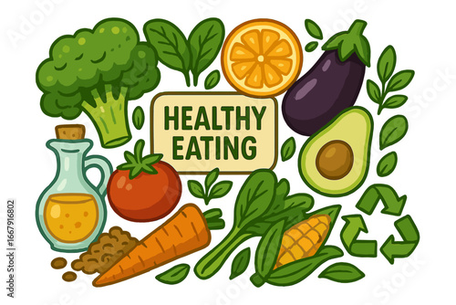 Healthy eating vector cartoon illustration. Assortment of fresh plant-based foods like avocado, tomato and broccoli. Concept for vegan diet, nutrition, and sustainability.