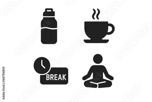 Self care icon set for well being. Mental health, break time and work life balance concept. Water bottle, coffee cup, meditation and yoga solid glyph symbols for web and app.
