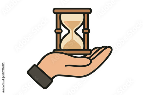 Hand holding hourglass vector icon. Time management, deadline, and passage of life concept. Sandglass symbolizes waiting, history, and limited time. Minimalist illustration.