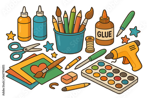 A vibrant cartoon vector set of art and craft supplies for DIY projects. Creative tools for handmade scrapbooking, drawing, and school activities. Includes glue, scissors, paint, pencils.