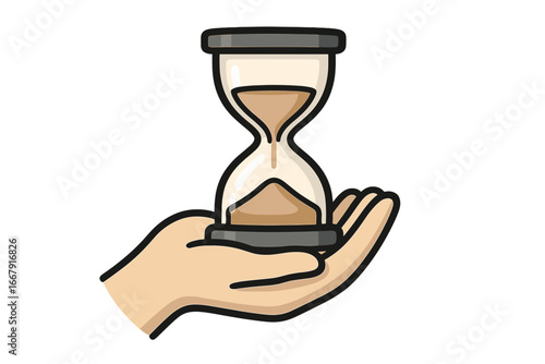 Hand holding hourglass. Passage of time concept. Time management, deadline, and urgency metaphor. Sandglass timer vector icon. Minimalist cartoon flat design illustration.