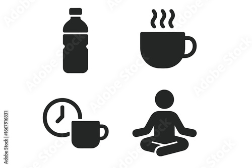 Self care glyph icon set. Solid vector icons for wellness, meditation, yoga, break time. Water bottle, coffee cup, relaxation and mindfulness concepts for mental health.
