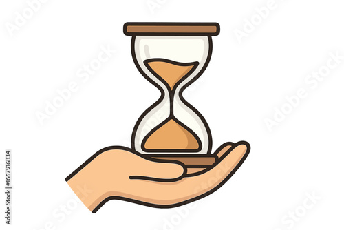 Hand holding hourglass vector icon. Concept of time management, deadline, countdown and urgency. Passage of time symbol. Sandglass timer cartoon illustration. Precious time.