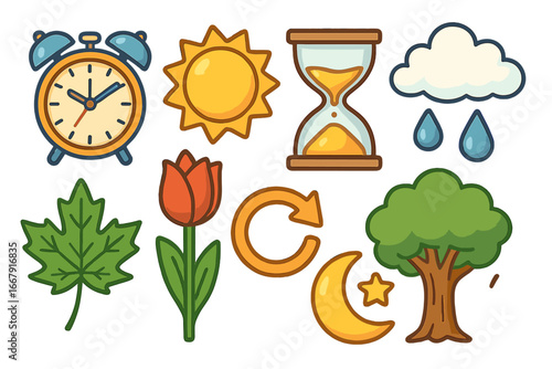 Set of season icons. Time cycle concept. Spring, summer, autumn, winter. Sun, rain, tree, leaf, flower. Day and night. Clock and hourglass. Vector illustration collection.