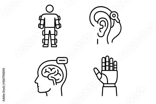 Neuroprosthetics outline icon set. Robotic exoskeleton, cochlear implant, bionic hand, brain computer interface. Cybernetics and rehabilitation vector illustration.
