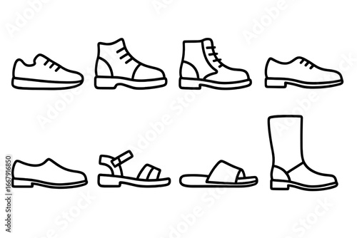 Shoes outline icon set. Footwear vector collection. Sneaker, boot, sandal, formal, casual, leather, loafer, slipper. Fashion line art symbols. Graphic design element.