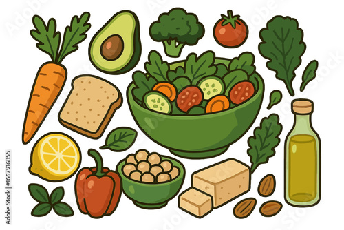 Healthy food set. Vegan ingredients for plant-based diet. Fresh vegetables, salad, avocado, tofu, chickpeas. Nutrition concept. Organic meal cartoon vector illustration.