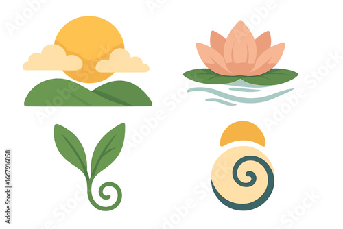 Nature icons set with symbols for harmony, tranquility. Vector elements for zen, meditation, yoga. Lotus flower, sun, landscape, sprout. Abstract spiritual wellness logo concepts.