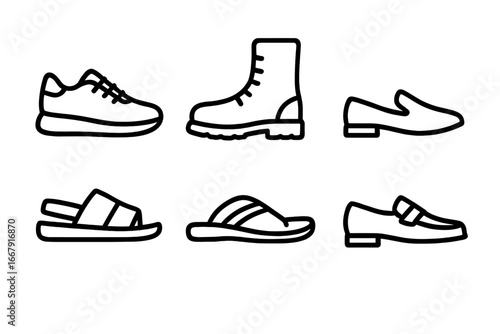 Footwear and shoes outline icon set. Collection of sneakers, boots, sandals, and loafers. Vector line art symbols for fashion and apparel. Shoe types pictogram collection.