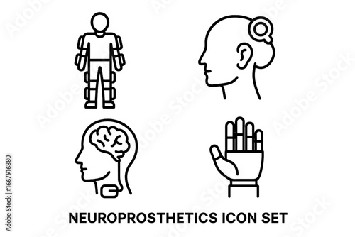 Neuroprosthetics line icon set with robotic exoskeleton, cochlear implant, bionic hand, deep brain stimulation. Medical technology, rehabilitation, bionics concepts vector.