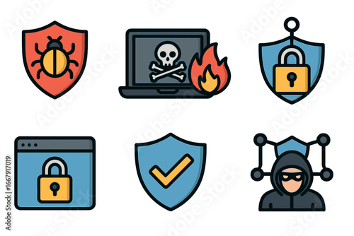 Cybersecurity icon set illustrating digital threats and internet safety. Vector symbols for hacker, virus, malware, data protection, antivirus, firewall and online security.
