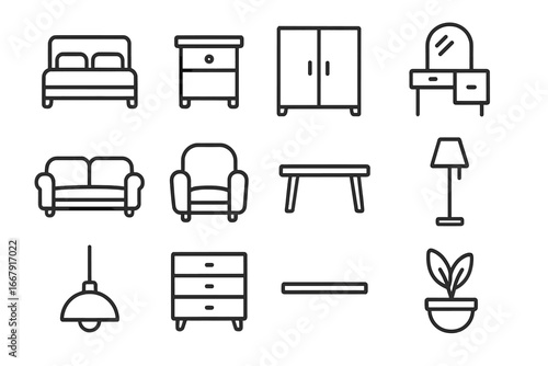 Furniture outline icon set. Home decor and interior design symbols. Living room and bedroom linear icons. Vector collection of bed, sofa, lamp, and wardrobe pictograms.