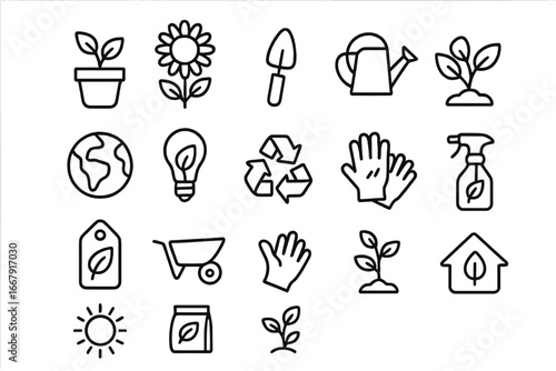 Gardening and environment outline icon set. Eco, sustainable vector graphic collection. Line art of plant, flower, recycle, growth, green energy, tools. Ecology concept illustration.