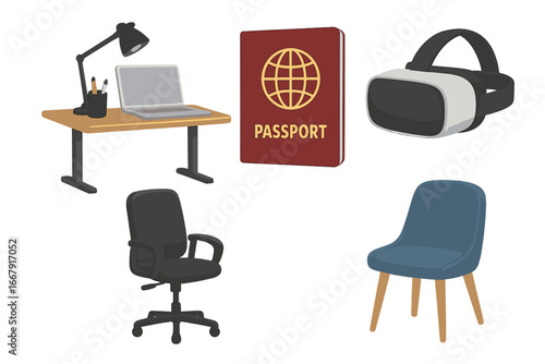 Modern workspace & travel object set. Desk, laptop, office chair, passport, & VR headset icons. Concept of digital nomad, remote work, business trip, metaverse technology vector.
