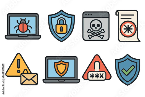 Digital security icon set. Cybersecurity concepts illustrating online threats, data protection, and safety. Antivirus, malware, phishing, hacking, and privacy vector icons.