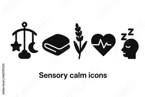 Sensory calm aids icon set. Vector glyphs for relaxation, sleep, and comfort. Baby mobile, weighted blanket, lavender, heartbeat sound, and deep sleep concepts for wellbeing.