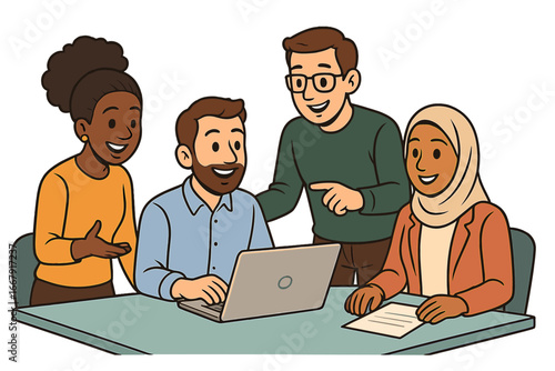 Diverse group working together in an office. Concept for inclusion, collaboration, teamwork, and equality. Multi-ethnic business people meeting and brainstorming with a laptop.