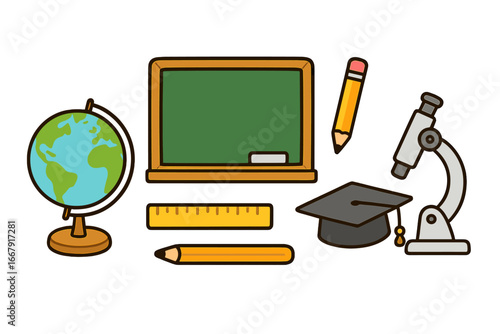 Back to school vector icon set. Education and learning concept with school supplies. Globe, chalkboard, microscope, pencil, ruler, graduation cap. Flat cartoon illustration.