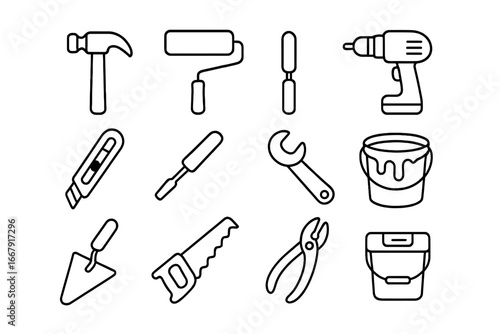 Home improvement tools outline icon set for renovation and DIY projects. Vector collection of repair, construction, and painting essentials. Line art of hammer, drill, and saw.