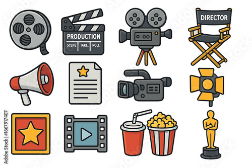 Film production icon set. Movie making elements. Cinema industry symbols with camera, clapperboard, director chair, award, and film reel. Vector cartoon for filmmaking.