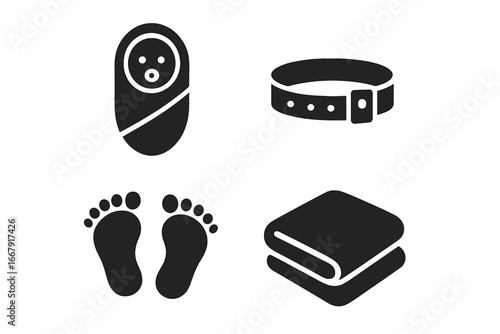 Newborn baby solid icon set. Vector symbols for birth, maternity, and childcare. Vector collection includes swaddled infant, hospital bracelet, tiny footprints, soft blanket.
