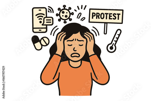 Woman overwhelmed by bad news. Stress, anxiety, and depression from information overload. Mental health concept. Doomscrolling, social media, protest, and virus crisis.