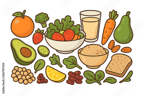 Healthy food collection. Vegan diet with fruits, vegetables, and grains. Plant-based meal ingredients for balanced nutrition. Organic whole foods set. Vector cartoon icons.