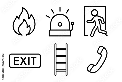 Emergency safety line icon set. Fire alarm, exit door, evacuation route, ladder, phone call symbols. Vector collection for public safety warning and fire prevention plan.