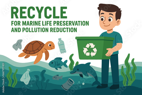 Recycling for marine life preservation and ocean pollution reduction. Boy with recycle bin saves turtle, dolphin from plastic waste. Environmental conservation concept vector.