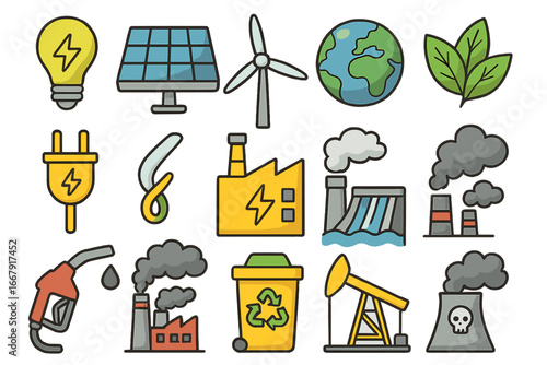 Energy icon collection. Green and fossil fuel power sources. Ecology and pollution concepts. Vector symbols for solar, wind, nuclear, oil and gas industry. Climate change set.