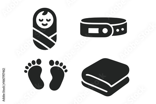 Newborn baby icon collection. Simple solid vector illustrations for maternity, birth, baby shower. Swaddled child, hospital ID band, footprints, and soft blanket symbols.