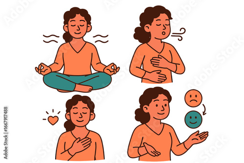 Mindfulness practices for mental health and emotional well-being. Woman meditating, doing breathing exercise, managing mood and self-love. Concept vector character illustration.
