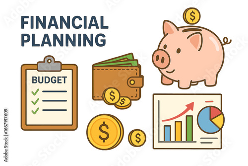Financial planning concept. Vector icons for personal finance management. Includes piggy bank for savings, budget clipboard, wallet with cash, coins, and charts for investment growth.